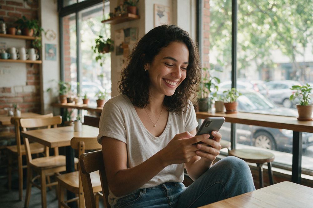 Cliente no celular, no café